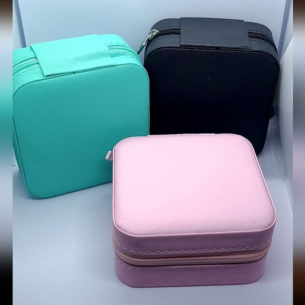 Black Travel Jewelry Box Faux Leather Zipper Organizer Case Mini Portable Square - Picture 4 of 5